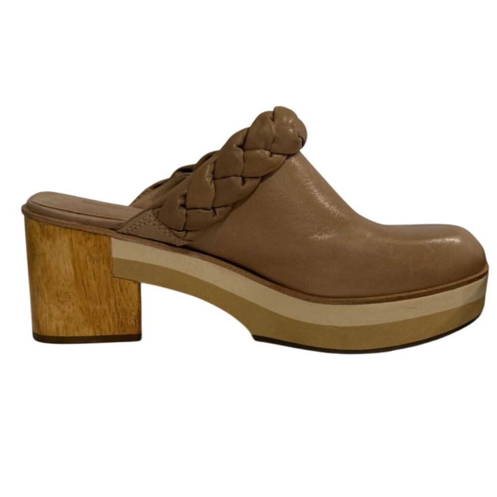 Bernardo Womens Braided Leather Platform Clog Mules Tan Wood Block Heel Size 9M